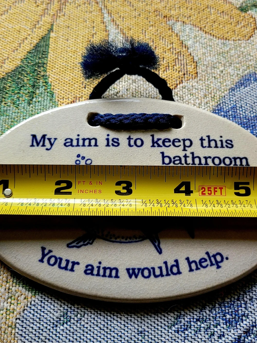 Bathroom Hanging Plaque - Blue and Cream Ceramic Sign